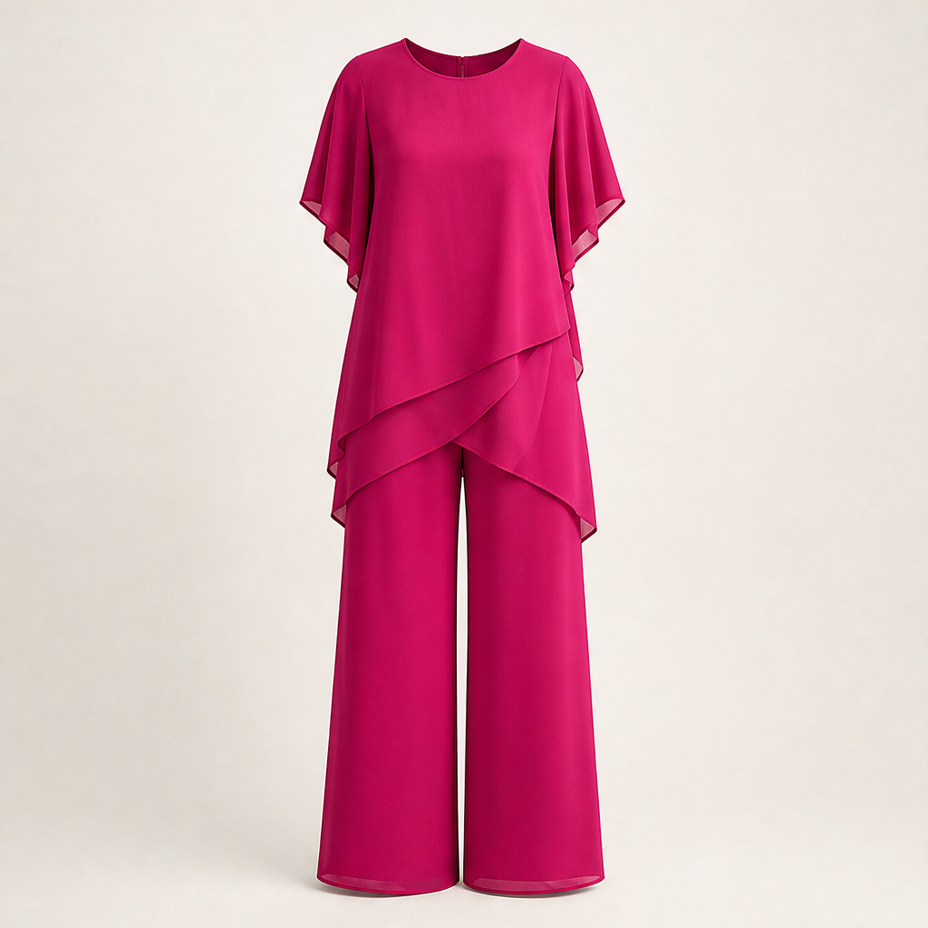 Verlaine – Flowy Asymmetrical Hem Wide-Leg Two-Piece Set + 50% OFF Fuchsia