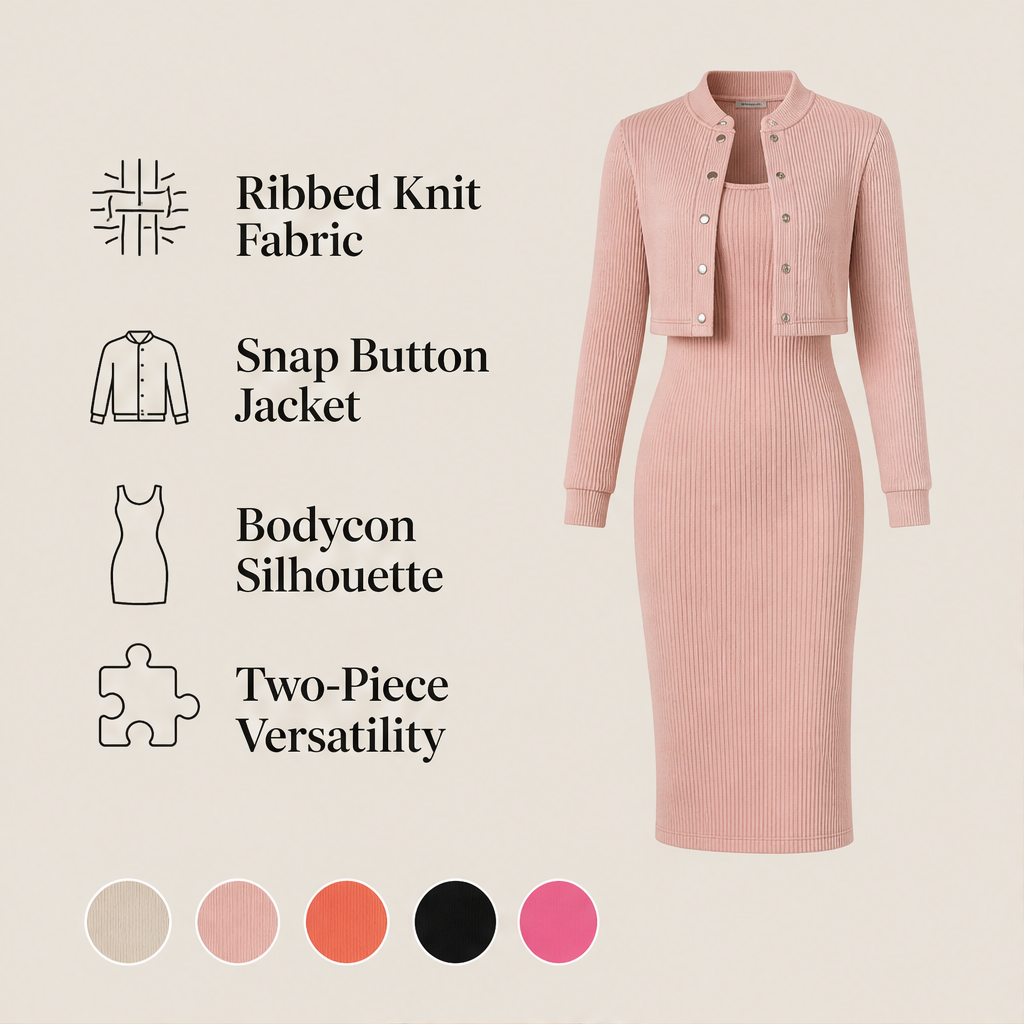 Ambrette – Ribbed Bodycon Dress &amp; Cropped Jacket Two-Piece Set + 50% OFF features