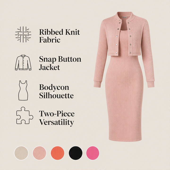 Ambrette – Ribbed Bodycon Dress &amp; Cropped Jacket Two-Piece Set + 50% OFF features