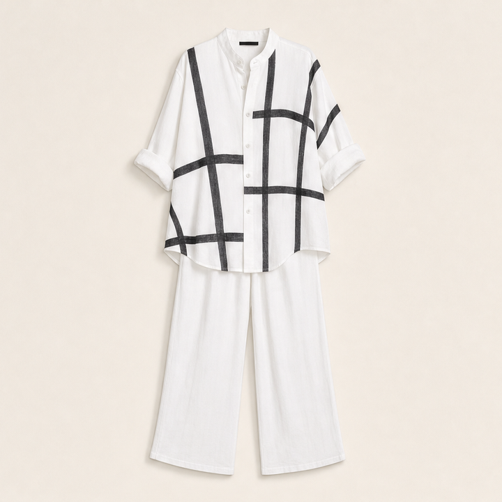 Linalour – Breathable Grid-Print Shirt &amp; Wide-Leg Pants Set + 50% OFF White
