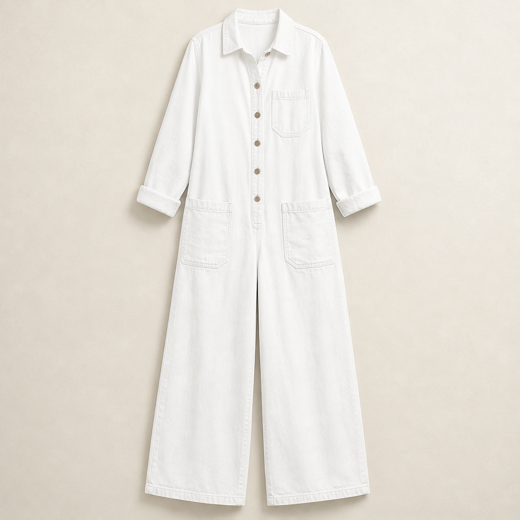 Wrenfield – Collared Wide-Leg Denim Jumpsuit + 50% OFF White