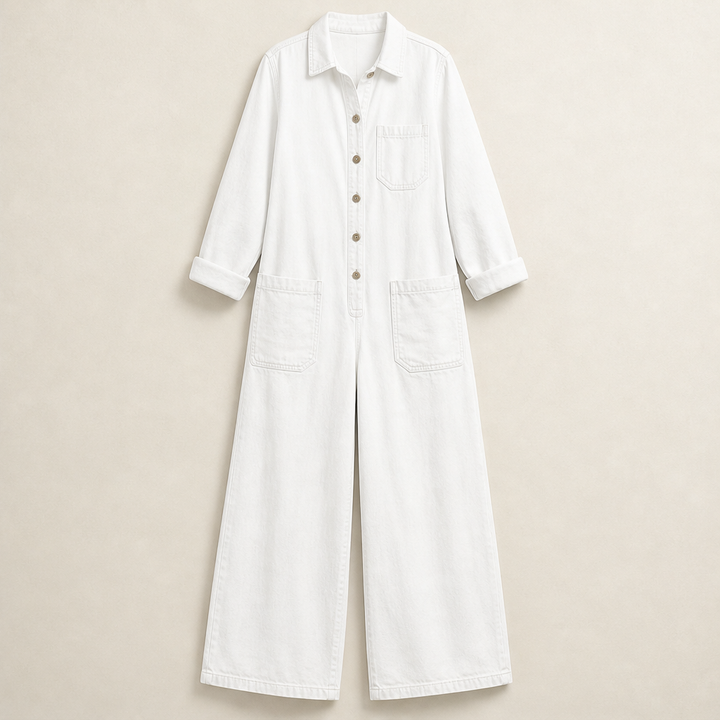 Wrenfield – Collared Wide-Leg Denim Jumpsuit + 50% OFF White