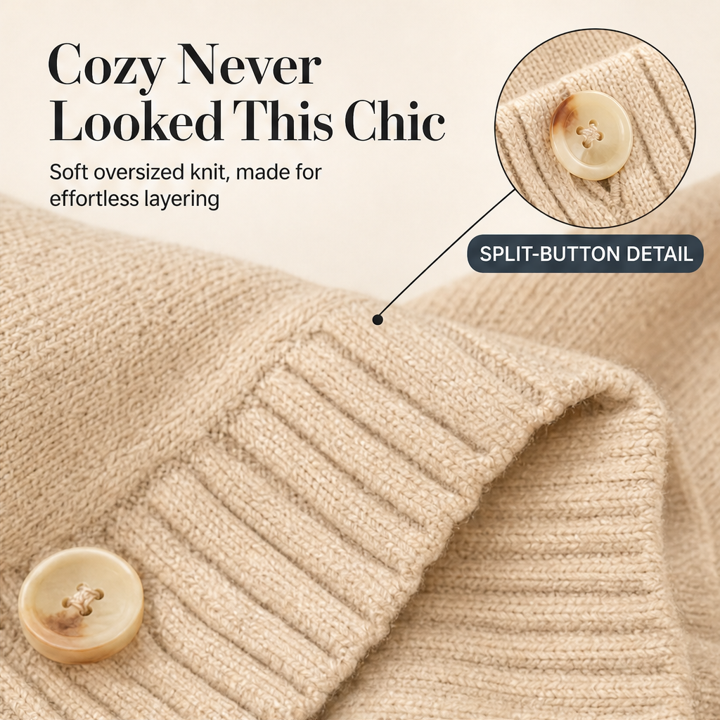 Cassymere – Split-Button Sleeve Oversized Knit Pullover + 50% OFF features