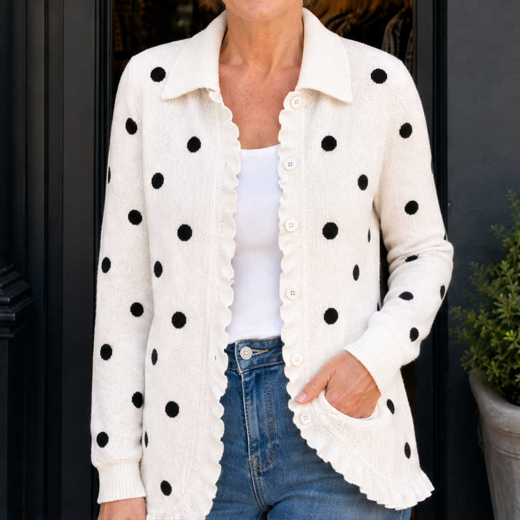 Marlowick – Ruffle Trim Polka Dot Knit Cardigan + 50% OFF Beige