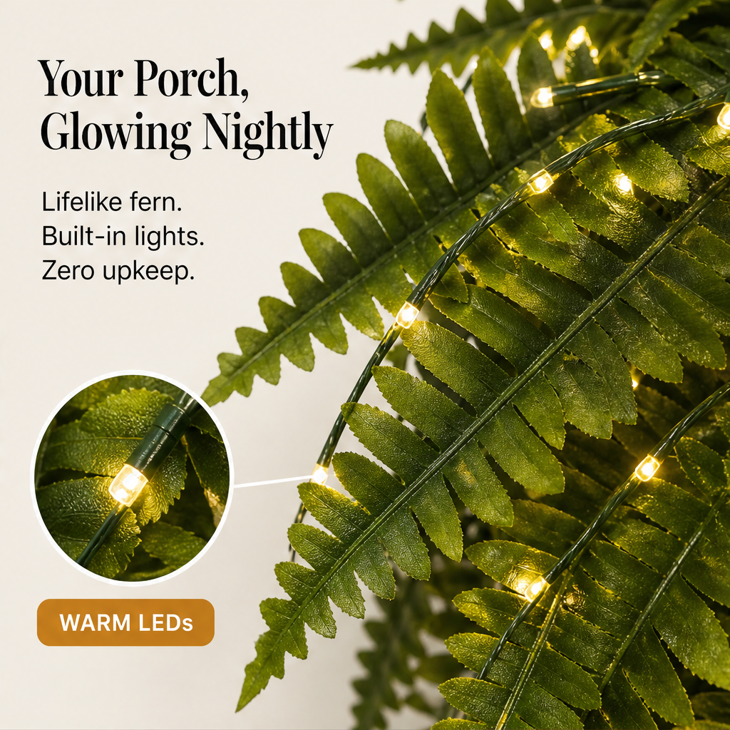 Fernglow – Lit Boston Fern, No Watering Hanging Plant + 50% OFF features