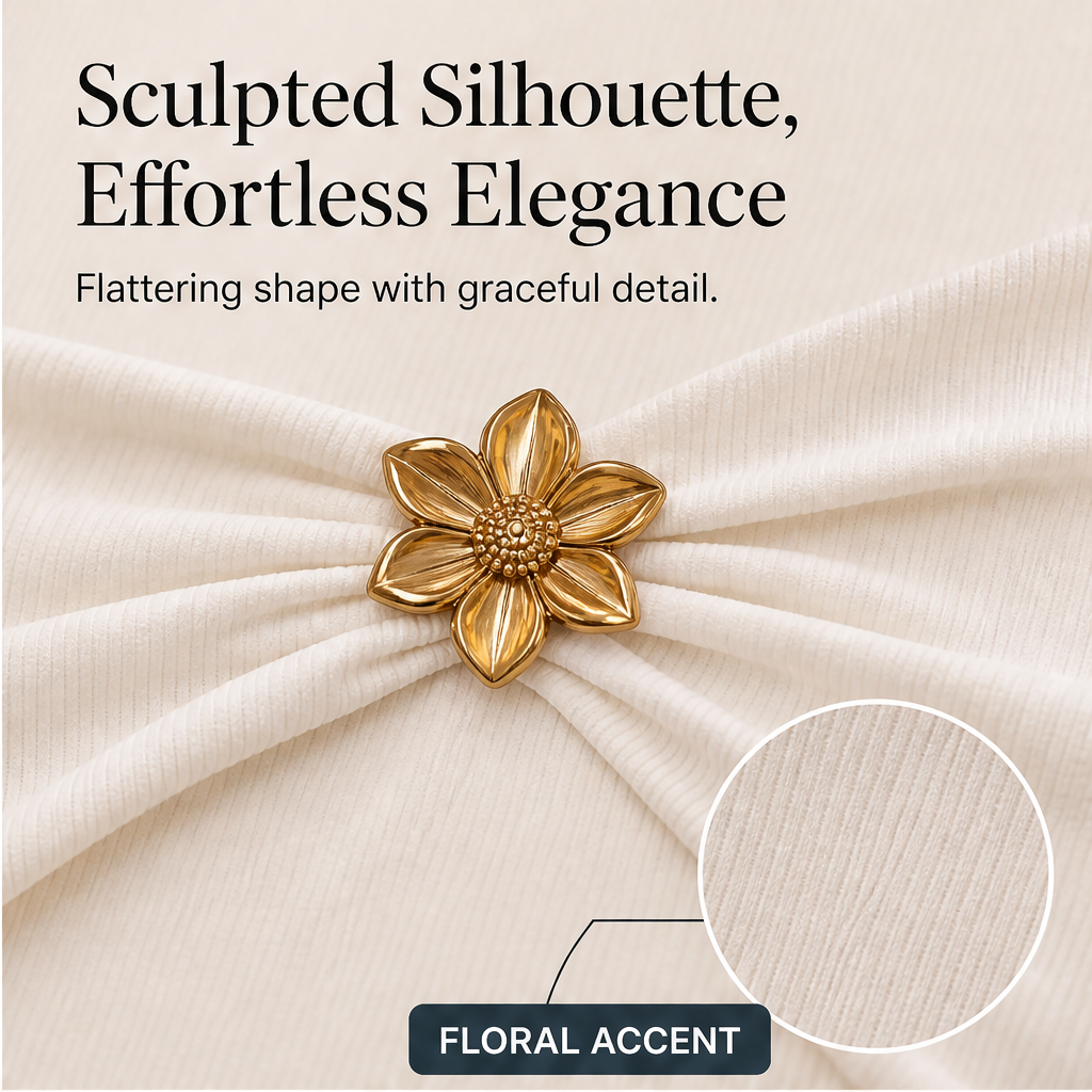 Fleurmont – V-Neck Peplum Top with Metallic Flower Accents + 50% OFF features