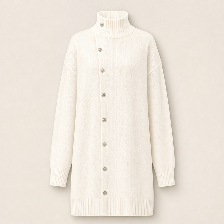 Millbron – Oversized Turtleneck Cardigan with Asymmetrical Buttons + 50% OFF Ivory