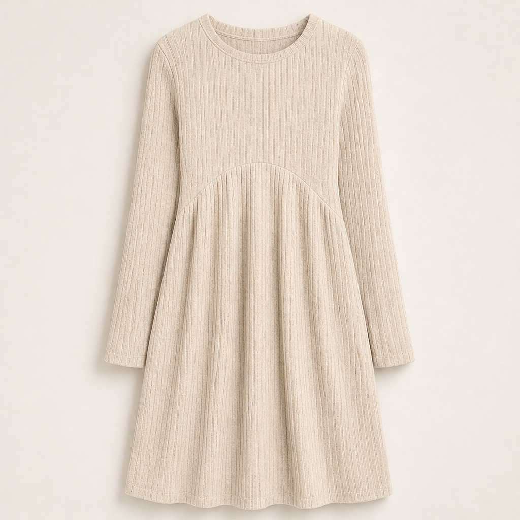 Cambrielle – Ribbed A-Line Midi Dress with Hidden Pockets + 50% OFF Beige