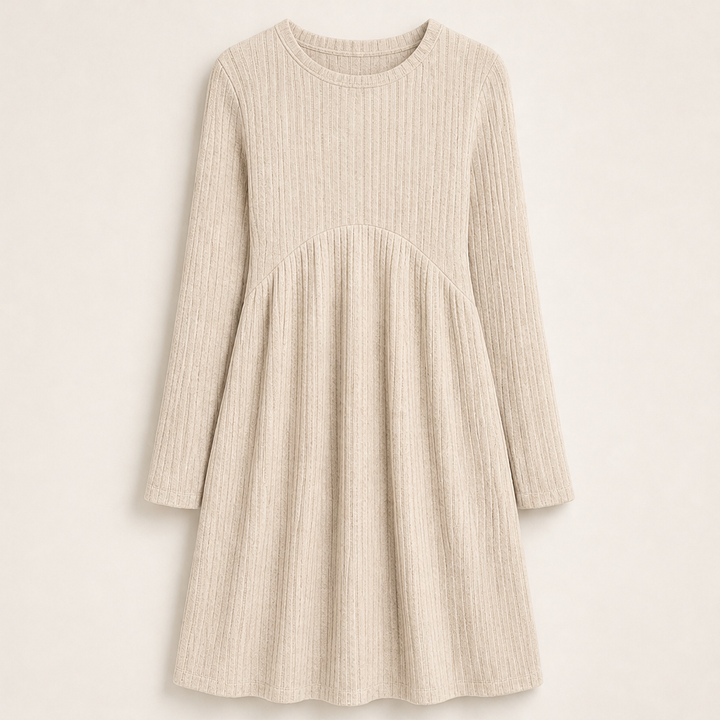 Cambrielle – Ribbed A-Line Midi Dress with Hidden Pockets + 50% OFF Beige