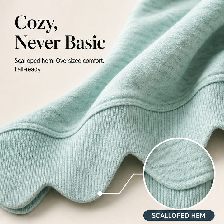 Wavella – Scalloped Hem Oversized Crew Sweatshirt + 50% OFF features