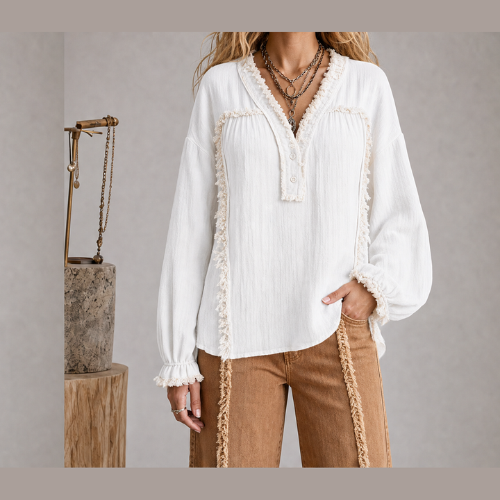 Frayvel – Raw-Frayed Trim Boho Long-Sleeve Shirt + 50% OFF White