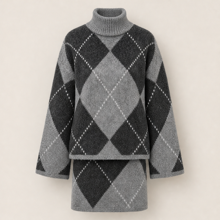 Fernbrooke – Matching Argyle Turtleneck Sweater &amp; Skirt Knit Set + 50% OFF Grey