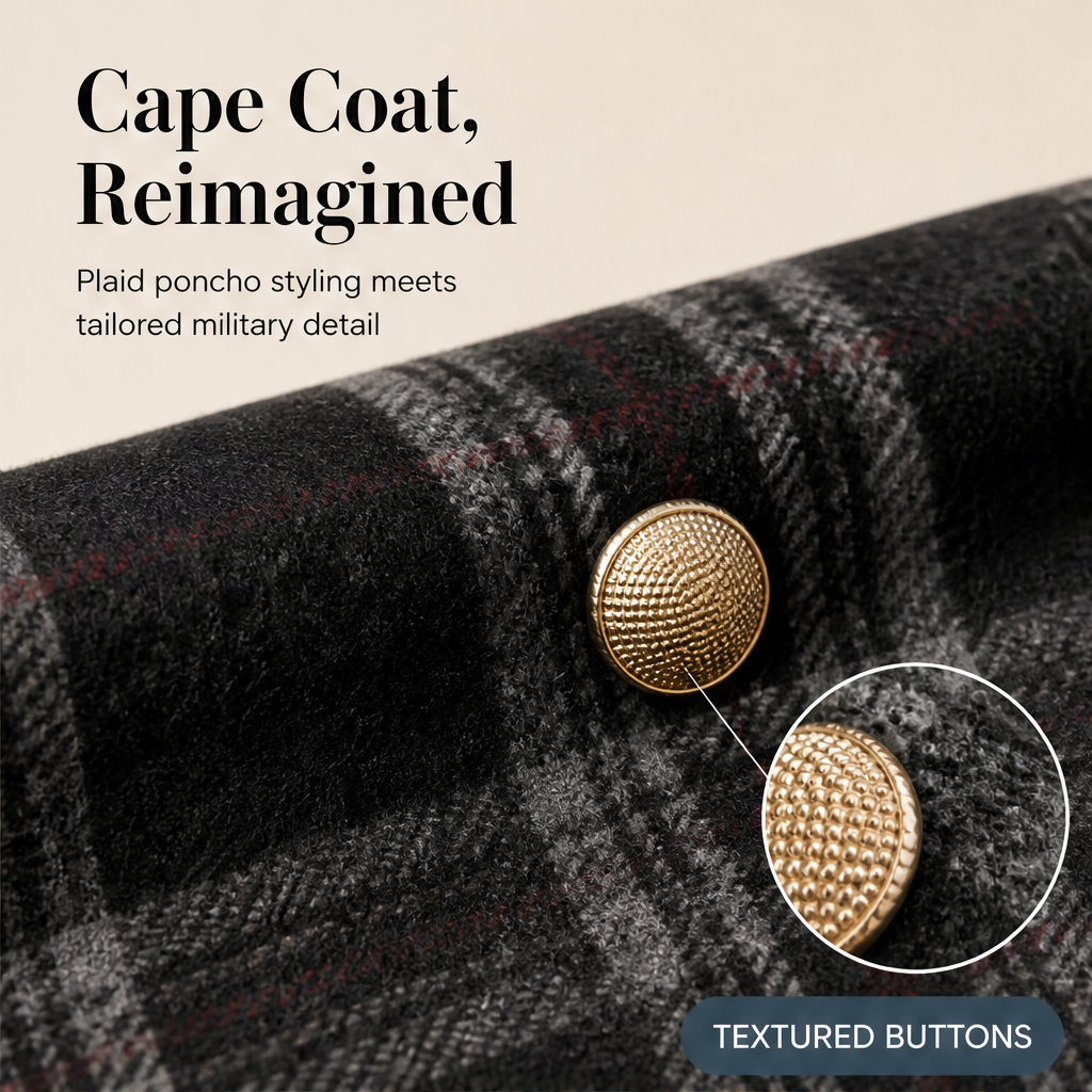 Camryn Hale – Plaid Statement-Button Cape Coat + 50% OFF features