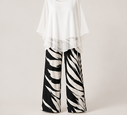 Vaelora – Flowy Chiffon Top &amp; Wide-Leg Printed Pants Matching Set + 50% OFF White