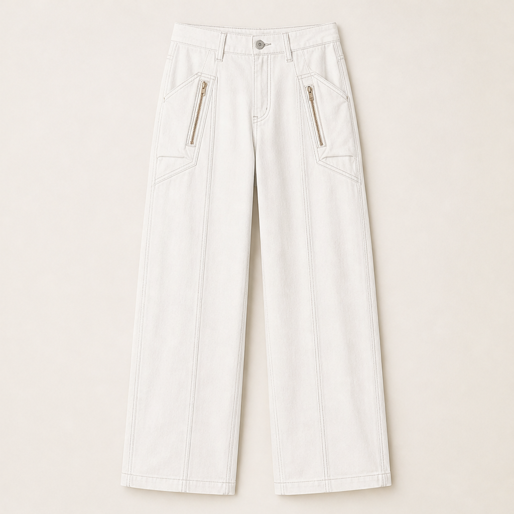 Denwick – Faux Denim Stretch Cargo Pants with Zip Pockets + 50% OFF White