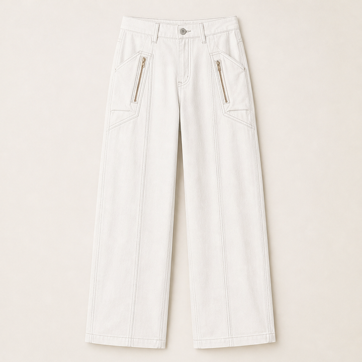 Denwick – Faux Denim Stretch Cargo Pants with Zip Pockets + 50% OFF White