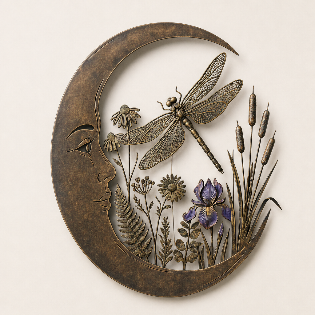 Lunaveil – Crescent Moon &amp; Dragonfly Metal Wall Decor + 50% OFF Bronze