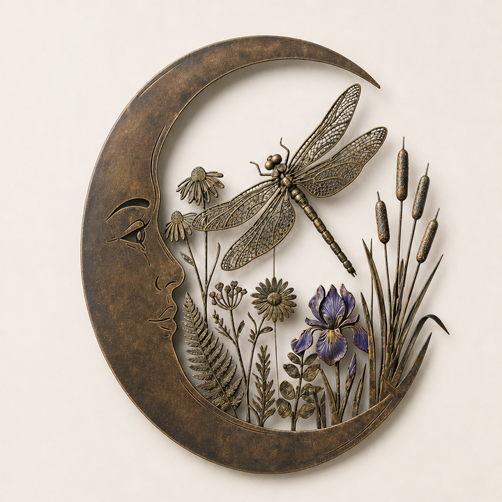 Lunaveil – Crescent Moon &amp; Dragonfly Metal Wall Decor + 50% OFF Bronze