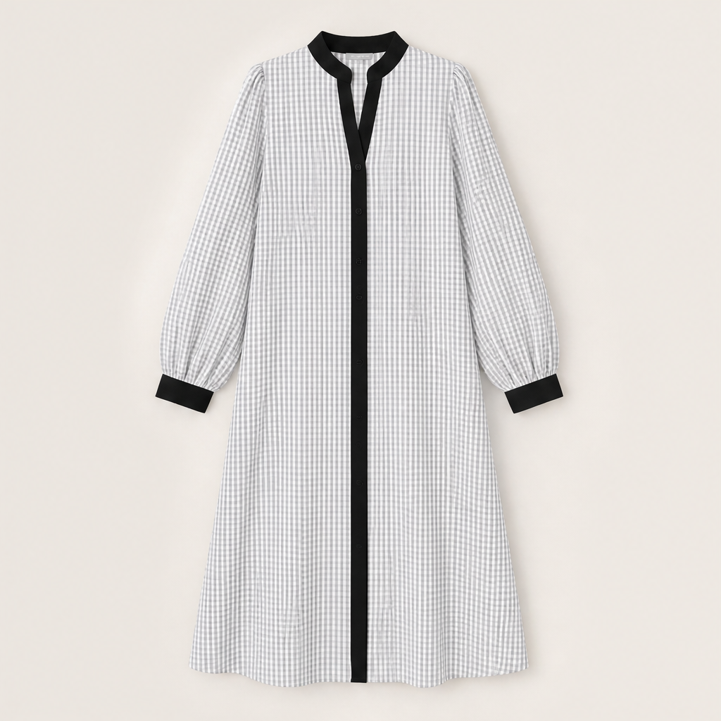 Marlowick – Contrast Trim Gingham A-Line Shirt Dress + 50% OFF Grey