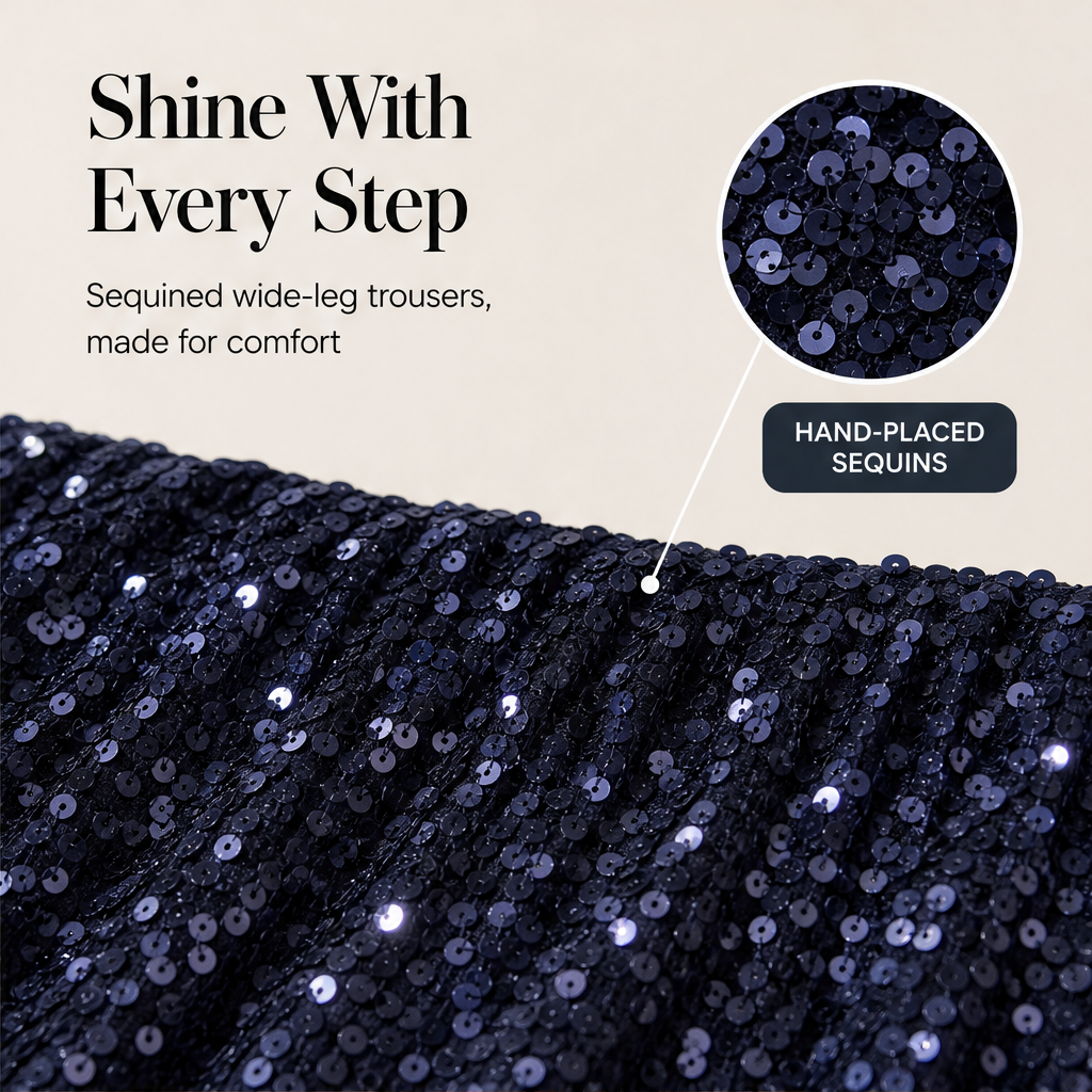 Velvara – Velvet-Backed Sequin Wide-Leg Trousers + 50% OFF features