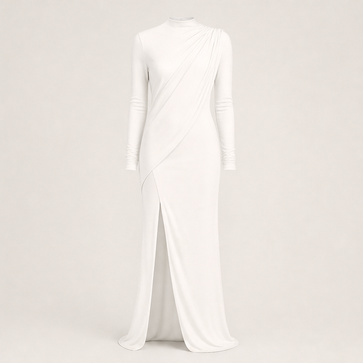 Solvienne – Draped High Neck High Slit Evening Gown + 50% OFF White