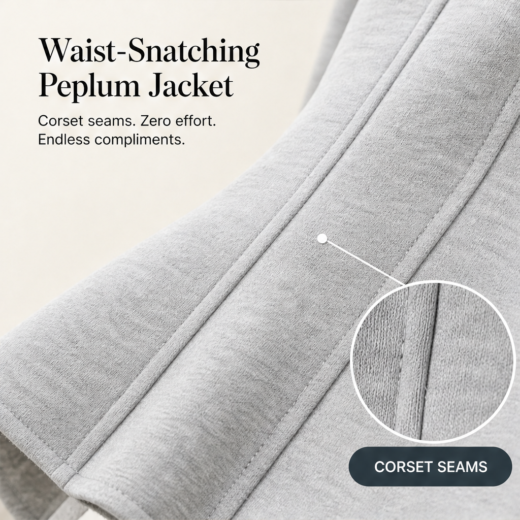 Waistelle – Corset-Seam Peplum Zip-Up Jacket with Puff Sleeves + 50% OFF features