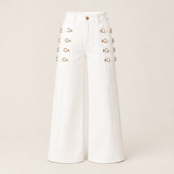 Buckridge – Gold Ring Buckle Wide-Leg High-Waist Cargo Jeans + 50% OFF White