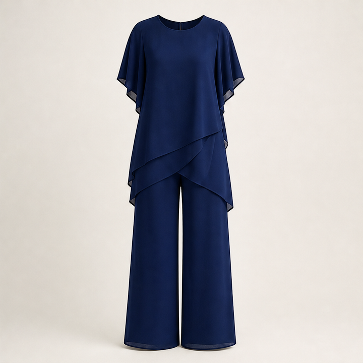 Verlaine – Flowy Asymmetrical Hem Wide-Leg Two-Piece Set + 50% OFF Navy