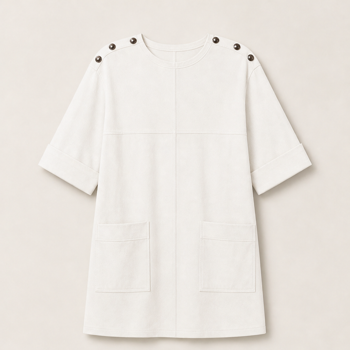 Suedona – Buttoned Shoulder Faux Suede Mini Dress with Pockets + 50% OFF White