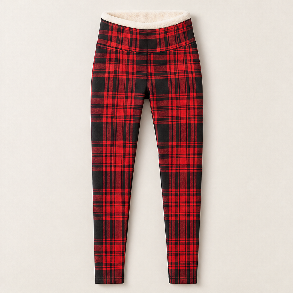 Hearthloom – Fleece-Lined Plaid Leggings with Slimming High Waist + 50% OFF Red