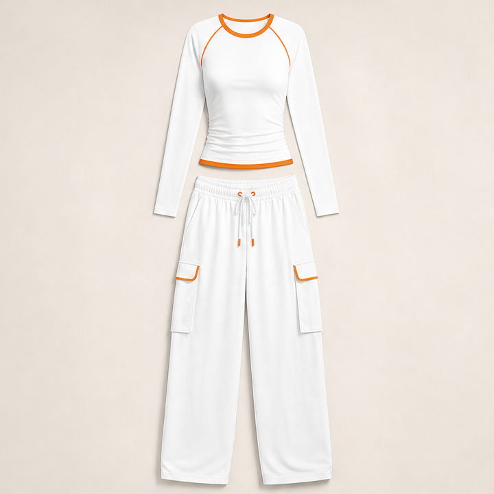 Ashcroft Athletics – Retro Color-Blocked Cotton Top and Pants Set + 50% OFF White
