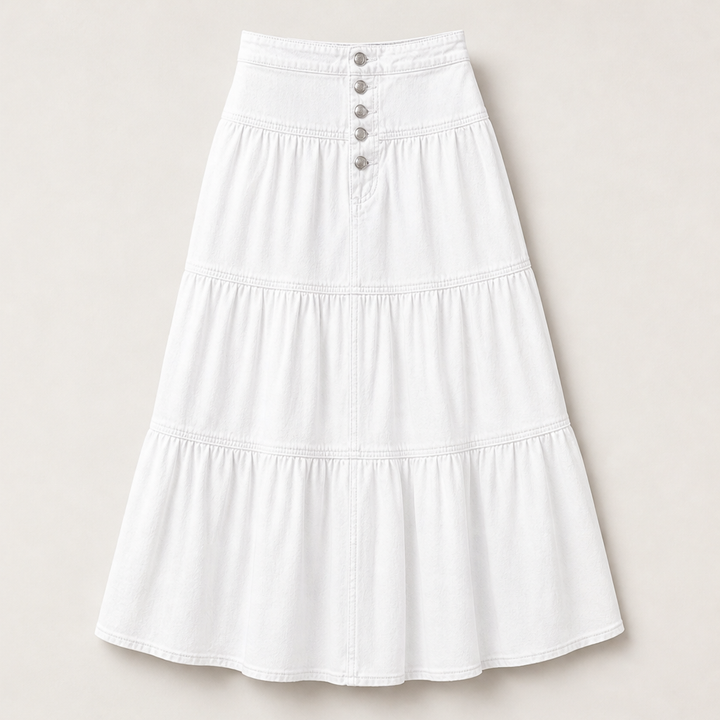 Westbloom – High-Waisted Tiered A-Line Cowboy Denim Maxi Skirt + 50% OFF White