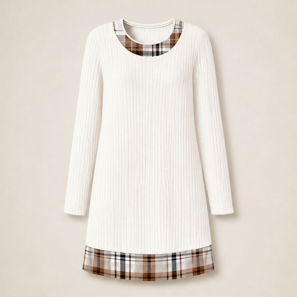 Knitfold – Layered-Look Ribbed Knit Tunic Dress with Plaid Trim + 50% OFF White