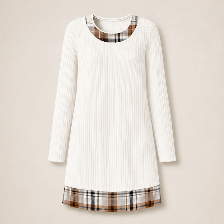 Knitfold – Layered-Look Ribbed Knit Tunic Dress with Plaid Trim + 50% OFF White