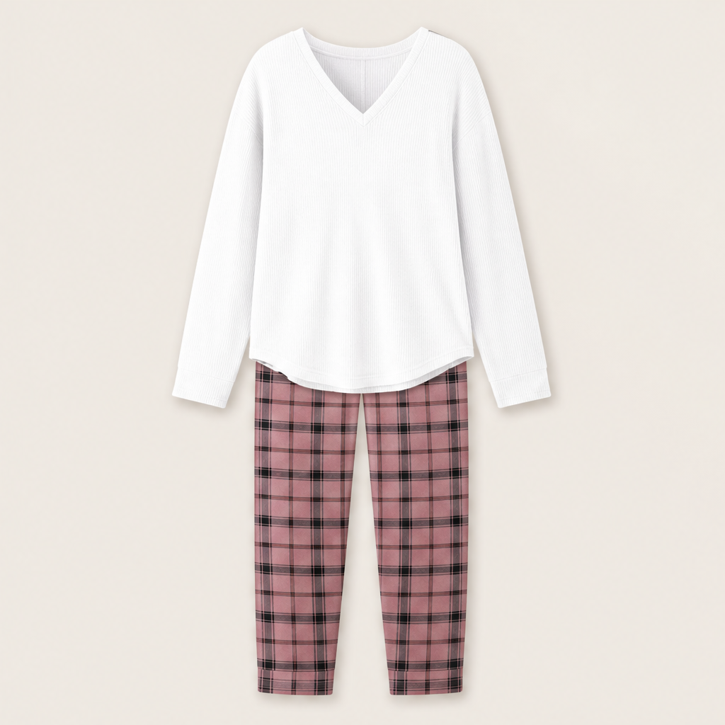 Nestcove – Ribbed Knit Top and Plaid Legging Loungewear Set + 50% OFF White