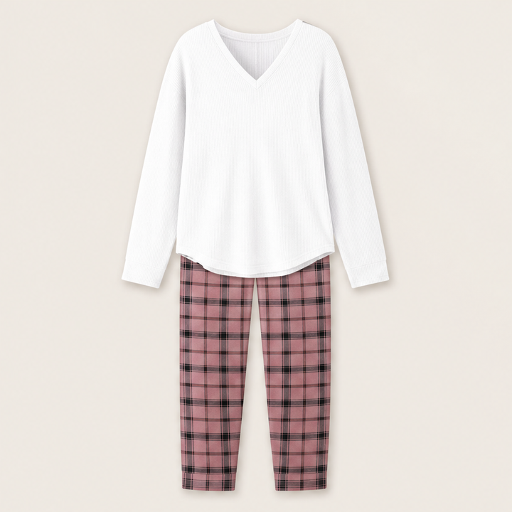 Nestcove – Ribbed Knit Top and Plaid Legging Loungewear Set + 50% OFF White