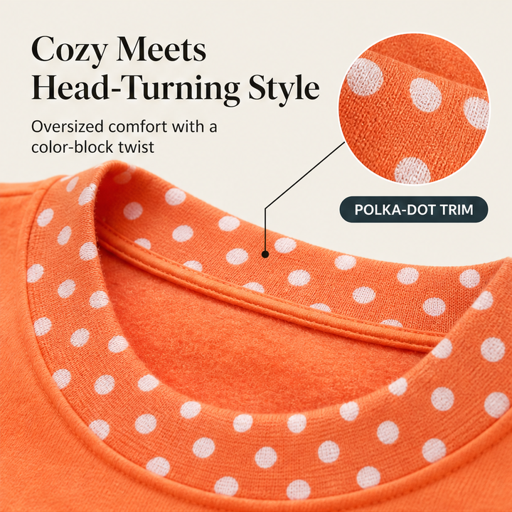 Fernbay – Oversized Polka-Dot Trim Color Block Pullover Top + 50% OFF features