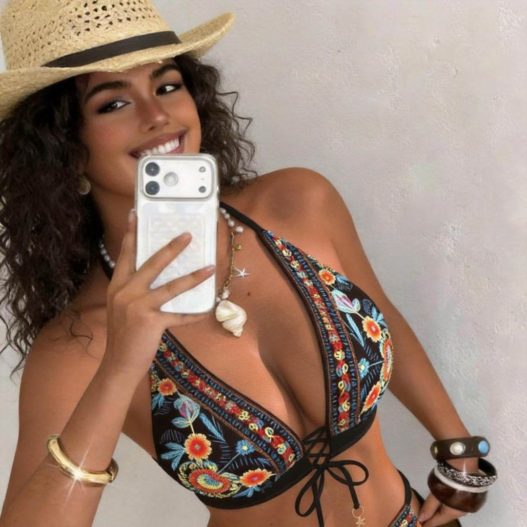 Solmara – Embroidered Boho Halter Bikini Set with Adjustable Lace-Up Ties + 50% OFF