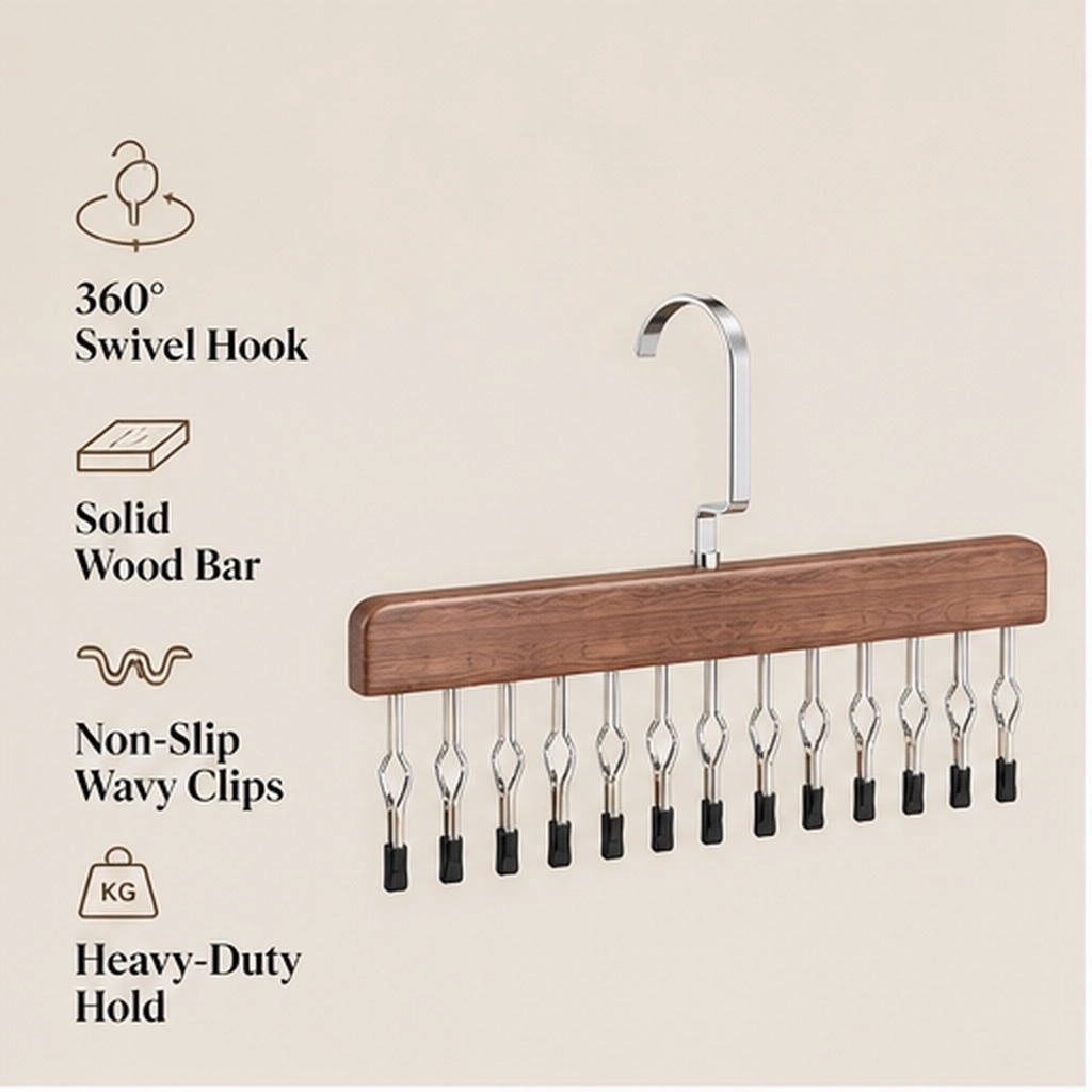 Stowen – Solid Wood 8-Clip Space-Saving Closet Organizer Hanger with 360° Swivel Hook + 50% OFF