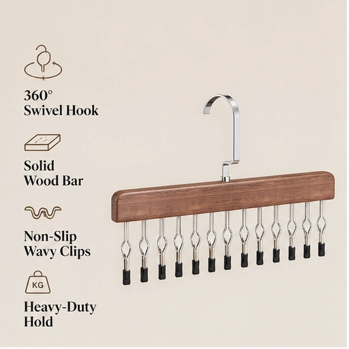 Stowen – Solid Wood 8-Clip Space-Saving Closet Organizer Hanger with 360° Swivel Hook + 50% OFF