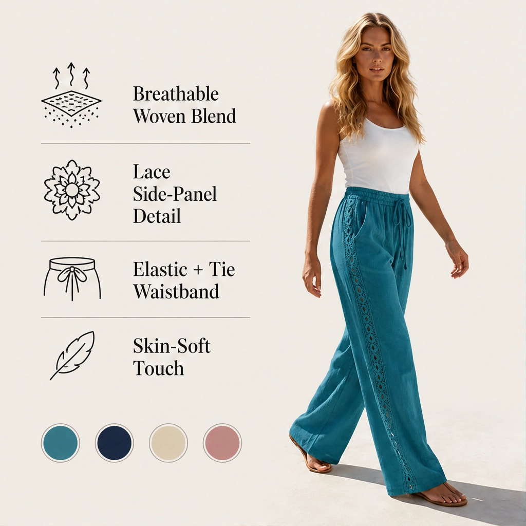 Crochelle – Crochet Trim Breathable Drawstring Straight Leg Pants + 50% OFF