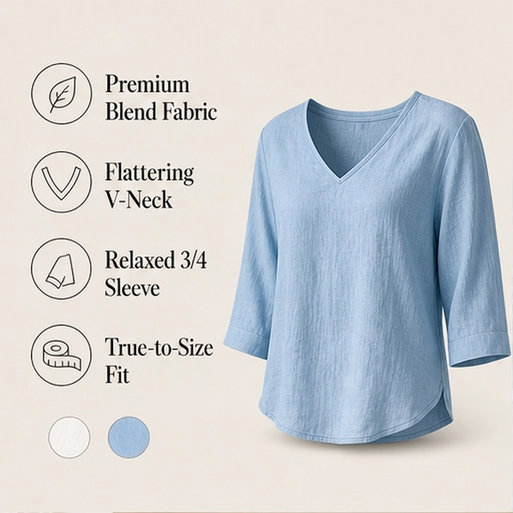 Drapelle – Relaxed V-Neck 3/4 Sleeve Blouse + 50% OFF