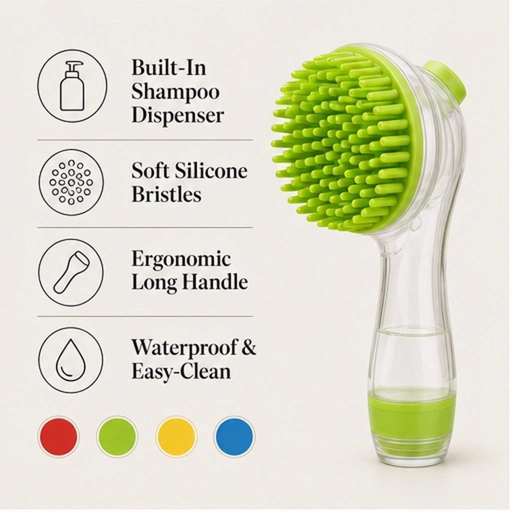 Scrubble – 2-in-1 Pet Bath Brush with Shampoo Dispenser &amp; Long Handle + 50% OFF