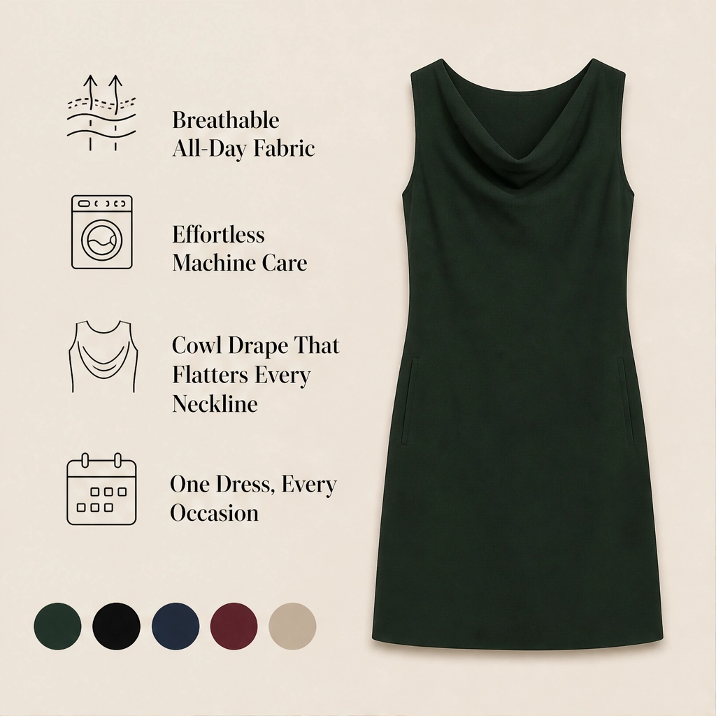 Drapelle – Cowl Neck Slim Fit Dress with Side Pockets + 50% OFF
