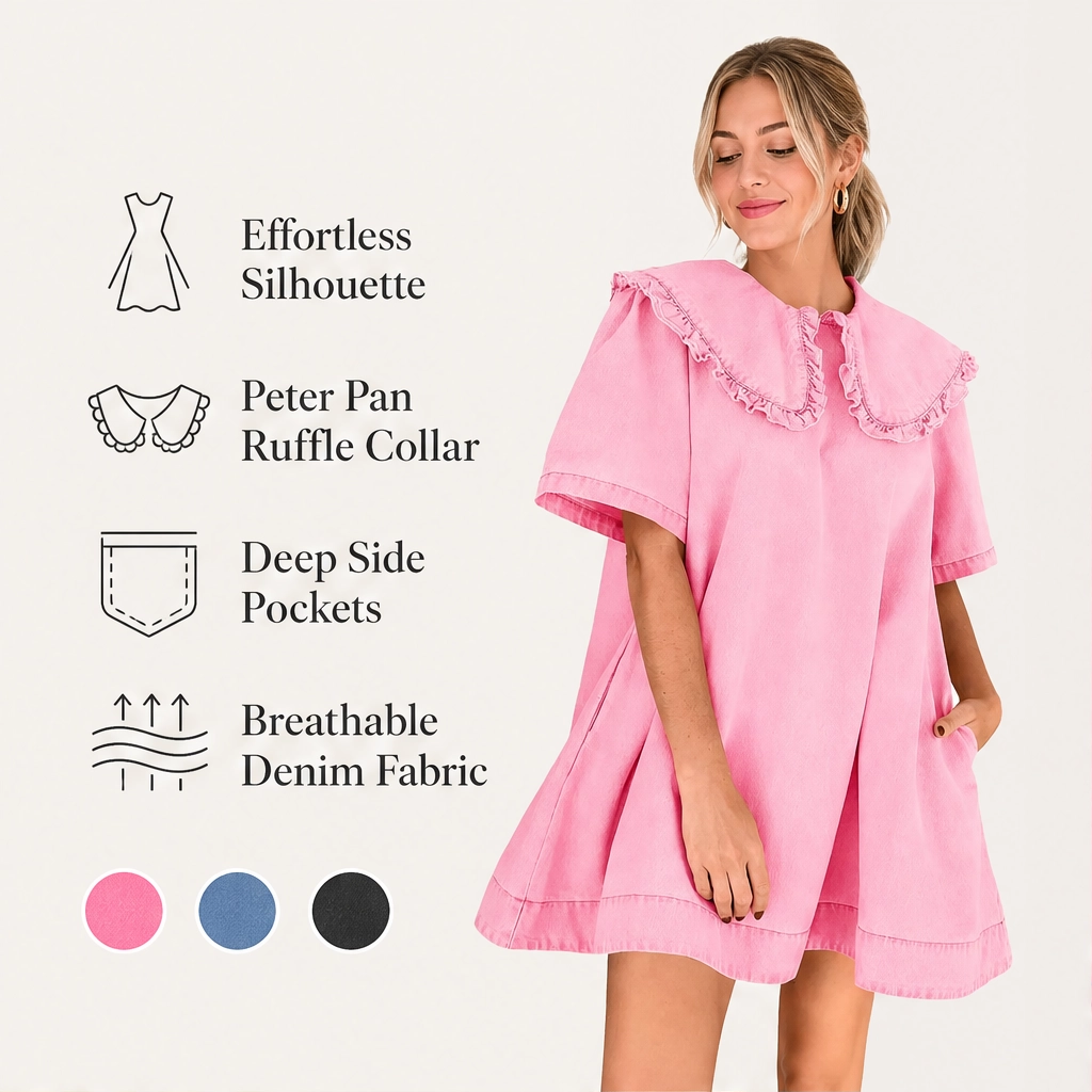 Fleurette – Ruffled Peter Pan Collar Flowy Denim Babydoll Mini Dress + 50% OFF