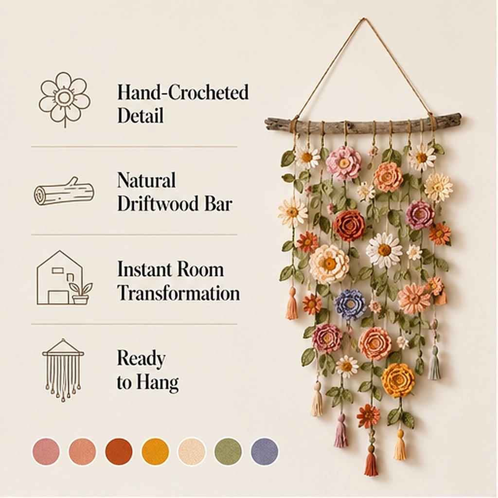 Willowmere – Boho Crochet Flower Wall Hanging with Vines &amp; Tassels + 50% OFF