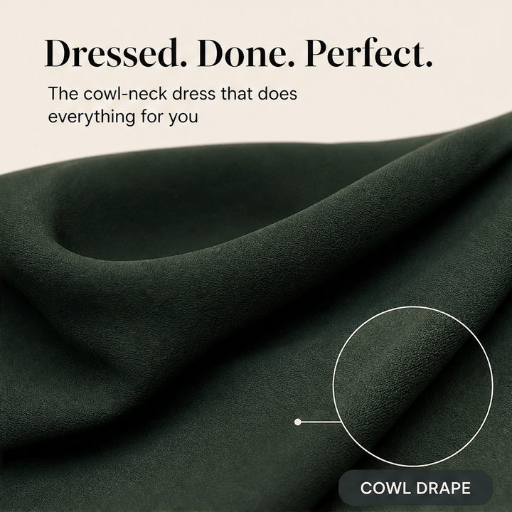 Drapelle – Cowl Neck Slim Fit Dress with Side Pockets + 50% OFF