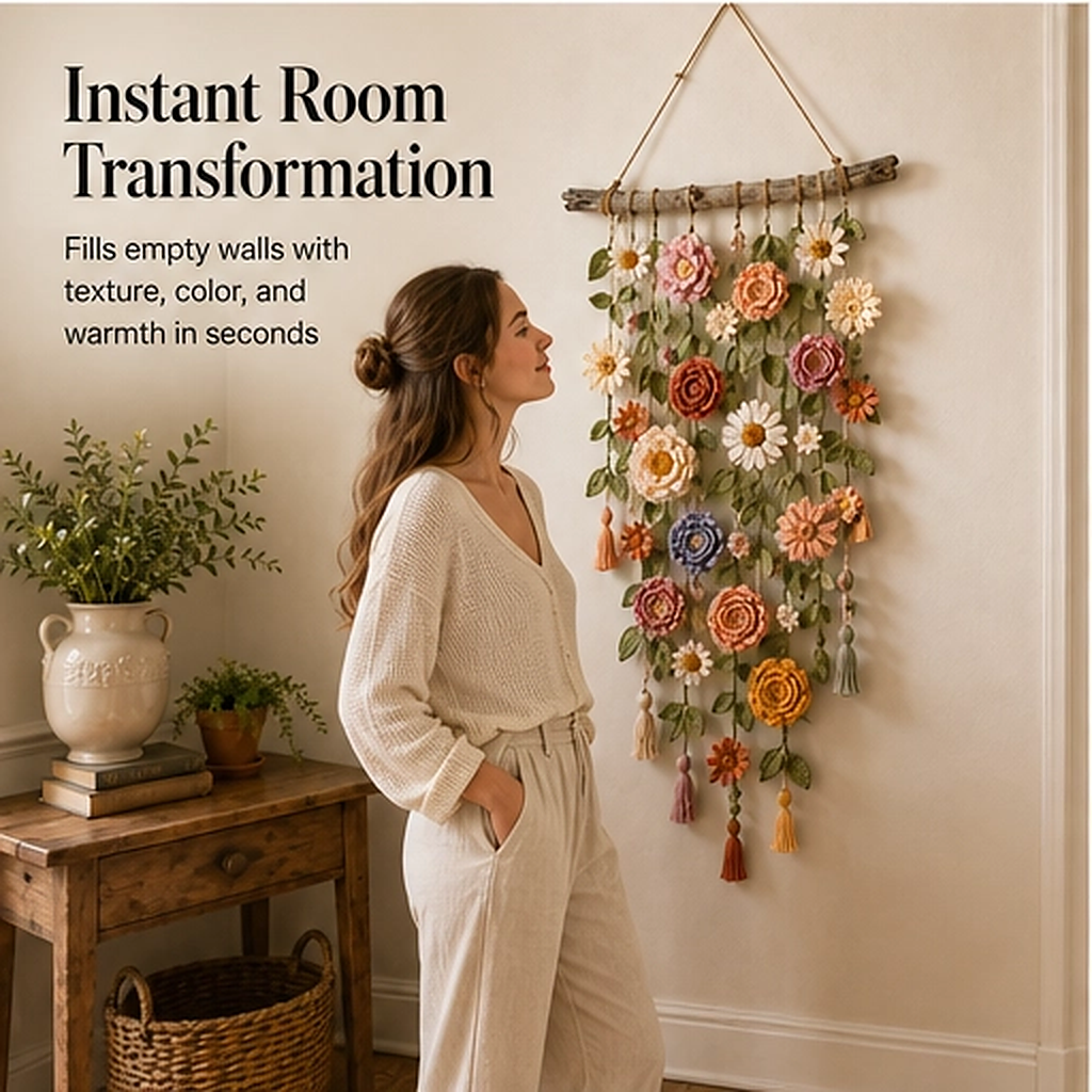 Willowmere – Boho Crochet Flower Wall Hanging with Vines &amp; Tassels + 50% OFF