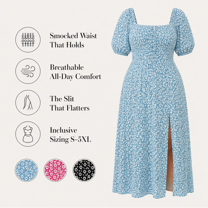 Fleurette – Smocked Bodice Side-Split Floral Midi Dress + 50% OFF