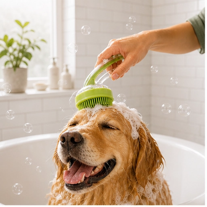 Scrubble – 2-in-1 Pet Bath Brush with Shampoo Dispenser &amp; Long Handle + 50% OFF